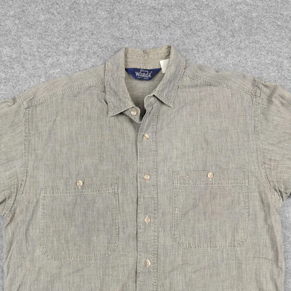 Vintage Woolrich Shirt Mens Large Beige Striped Short Sleeve Button Up Casual - Picture 2 of 7